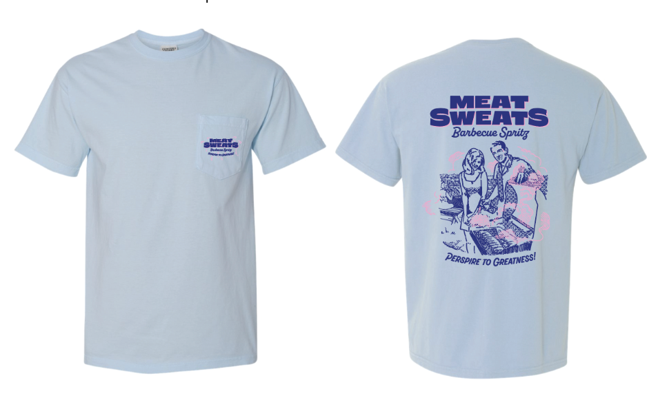 Meat Sweats BBQ Spritz Summer Logo Short Sleeve Comfort Colors Pocket T-Shirt- Chambray Large