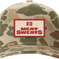 Front of Meat Sweats camo hat with red-and-cream custom logo patch
