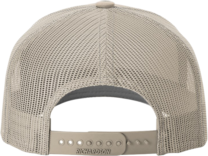 Back of Richardson hat with light tan mesh and adjustable snapback closure