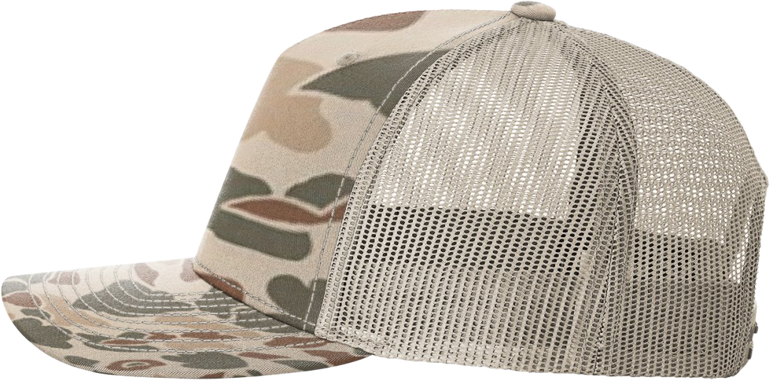 Side of Richardson 112 PFP camo hat with light tan mesh back