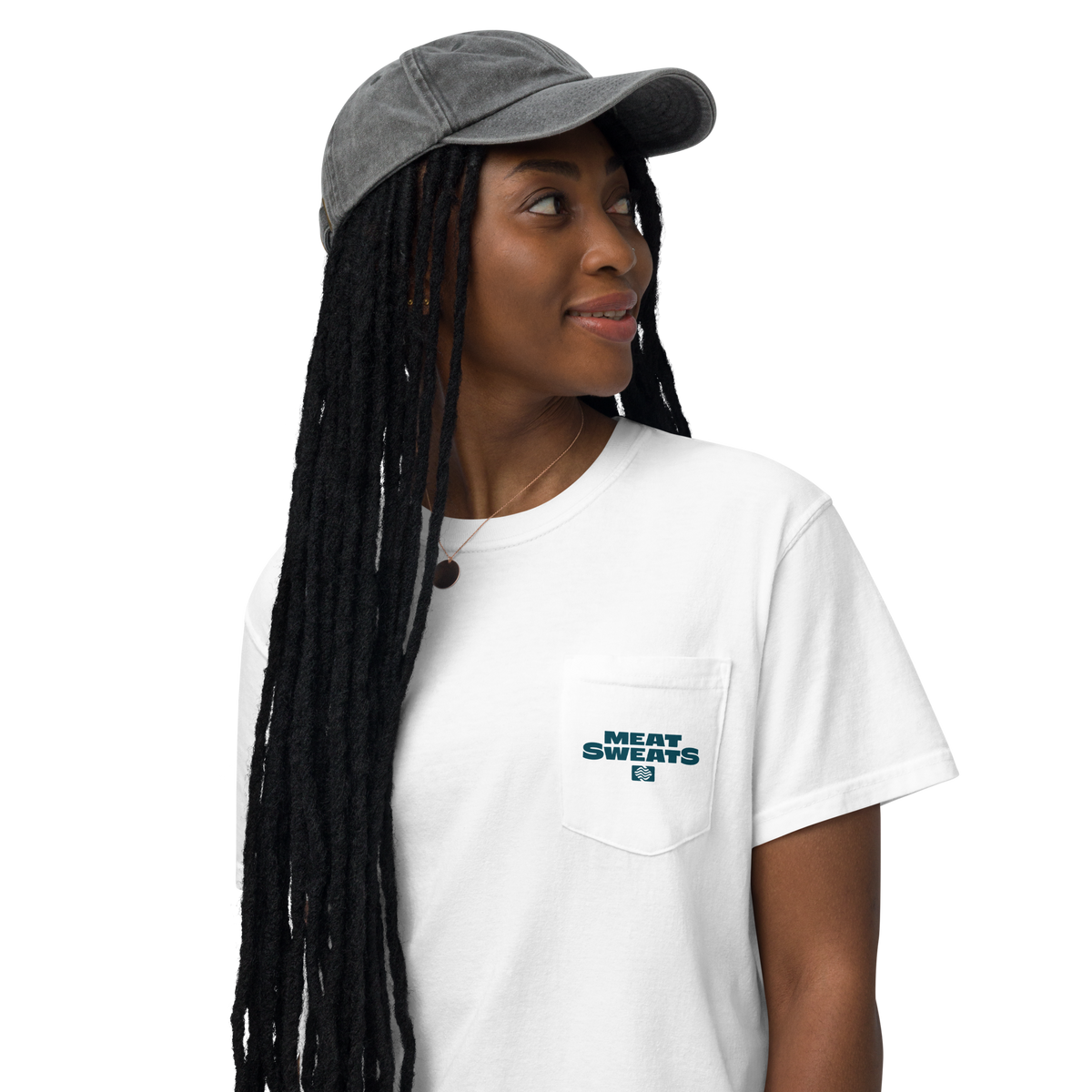 Hog Wash Unisex garment-dyed pocket t-shirt - White Front (Female Model)