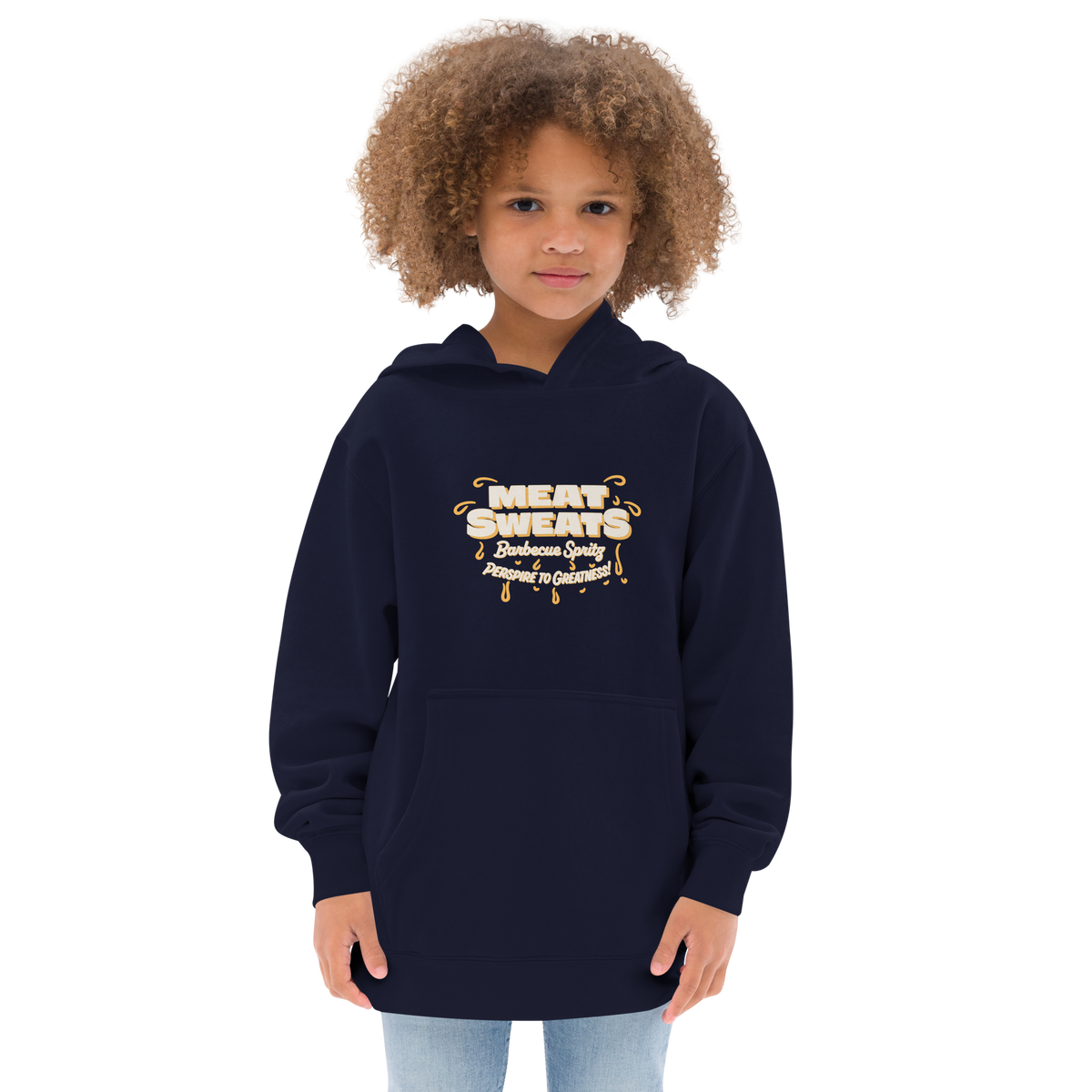 Meat Sweats Kids Fleece Hoodie - Navy Blazer Front (Female Model)