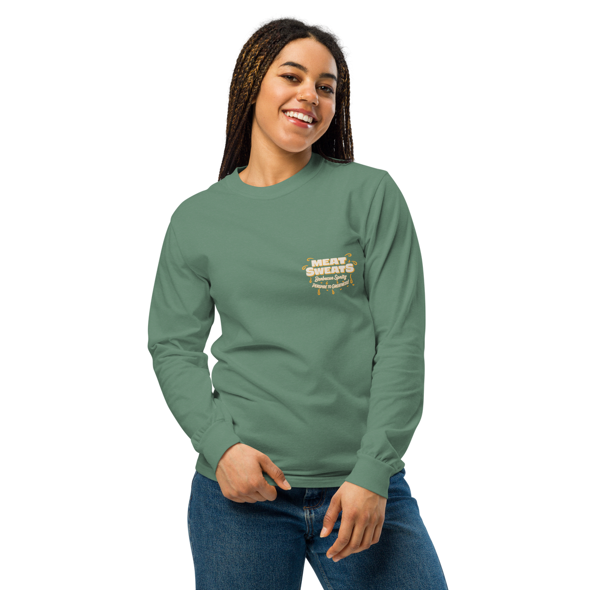 Garment-dyed heavyweight long-sleeve shirt - Light Green Front (Female Model)