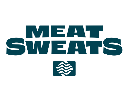 Meat Sweats stacked logo sticker in teal with wave icon