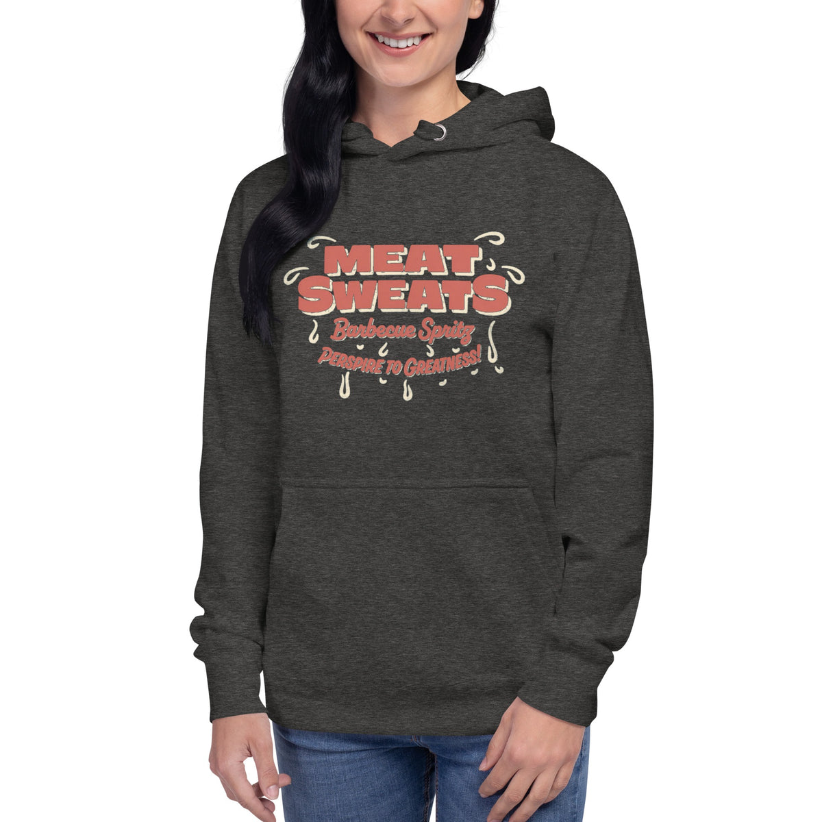 Meat Sweatshirt Unisex Hoodie - Charcoal Heather Front (Female Model)